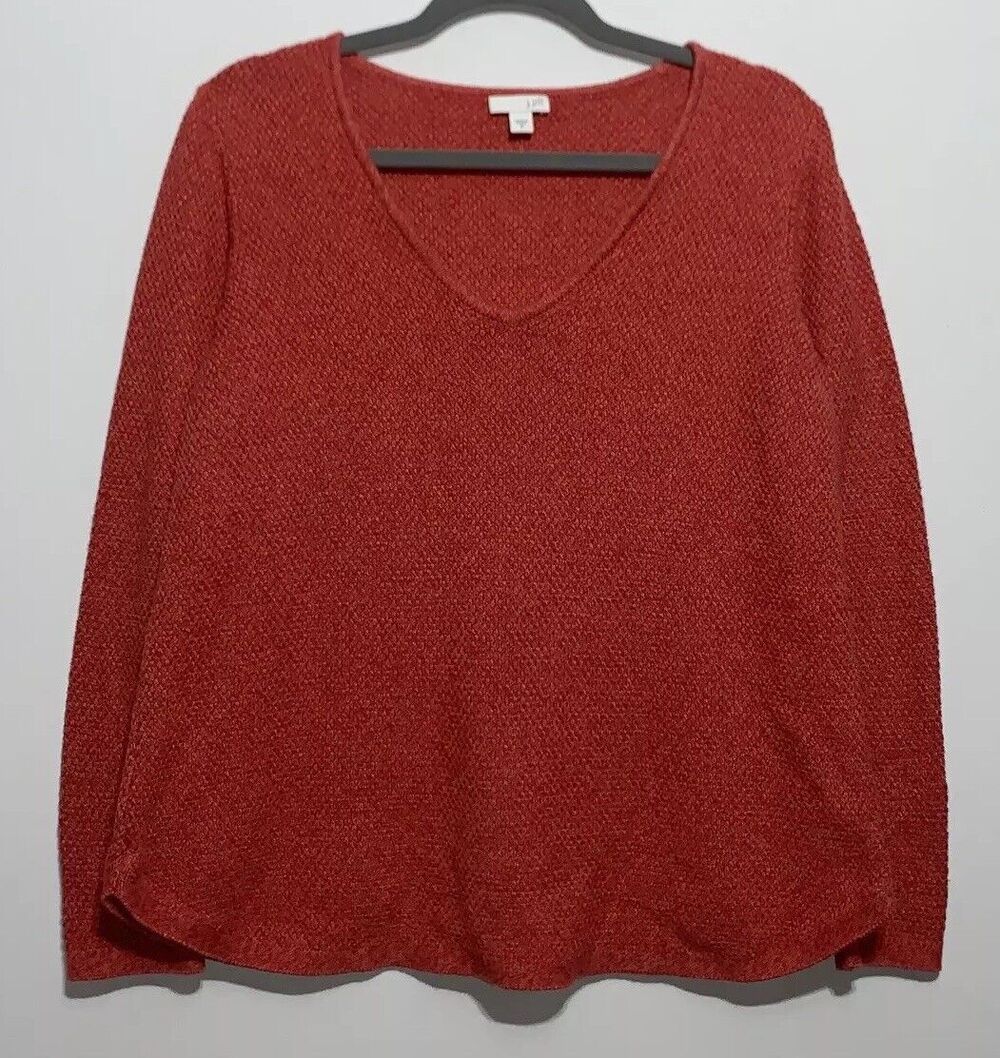 J. Jill Orange Red Vneck Merle Knit Sweater Pullover Size M Cotton Blend